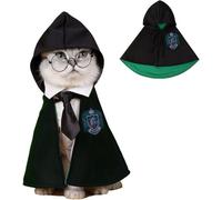 DELIFUR Cat Halloween Costume - Pet Wizard Costumes Mantle Magician Cosplay Clothes with Bowtie & Glasses Set Festival Party Apparel for Small Pets Cats Dogs Puppies(Green, S)