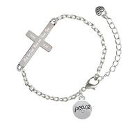 Delight Jewelry Silvertone Peace with AB Crystal and Dove Numbers 6:24 Bless and Keep You Engraved Cross Charm Bracelet, 6.5+1.5" Extender