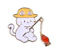 Delightful Kitten Fisherman Pin Sturdy Alloy Jewelry 2 Fish Color Choices Playful Design For Everyday Wear Children's Animal Theme Brooch