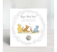 Delightful Lucky Sixpence card featuring Winnie the Pooh and his beloved friends, Piglet, Tigger, and Eeyore.