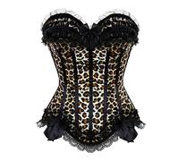 DELIGUO Womens Leopard Print Overbust Corset Top - Sexy Satin Lace Bow Decorated Corset Clubwear Body Shaper Bustier Lingerie Plus Size