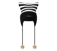 DELIMALI Grunge Beanies Crochet Knitted Hats for Women Girls Fox Cat Ear Goth Emo Alt Y2K Accessories Grunge Clothes (A-Black White, One Size)