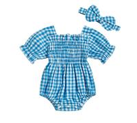DELIMALI Infant Baby Girls Romper Ruffle Sleeve Pleated Smocked Bubble Plaid One Piece Ruched Jumpsuit Summer Bodysuit (A-Blue, 0-3 Months)
