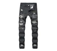 DELIMALI Men Slim Ripped Denim Jeans Skinny Frayed Distressed Broken Holes Trousers Fashion Zipper Hip-pop Long Pants (#16 Black, M)