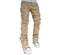 DELIMALI Men Slim Ripped Denim Jeans Skinny Frayed Distressed Broken Holes Trousers Fashion Zipper Hip-pop Long Pants (#9 Khaki, L)
