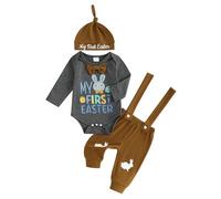 DELIMALI Newborn Baby Boy Easter Outfit Bunny Letter Long Sleeve Romper Suspender Pants Set My First Easter Coming Home Outfit (B-Gray, 0-3 Months)