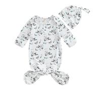 DELIMALI Newborn Baby Knotted Gown Super Soft Infant Long Sleeve Sleeper Swaddle for Baby Girl and Boy Sleeping Bag with Hat (F-White, 0-3 Months)