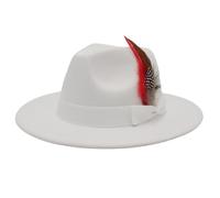 DELIMALI Women Men Retro Fedora Feather Decor Hat Wide Brim Wool Felt Cap Jazz Hat Panama Floppy Elegant Hat Party Wedding (A-Ivory, ONE Size)