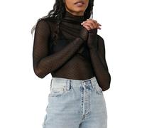 DELIMALI Women Sheer Mesh Mock Turtle Neck Layering Top Long Sleeve Ruched Going Out T-Shirts Slim Fit Undershirt Tops (A-Black, M)