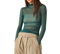DELIMALI Women Sheer Mesh Mock Turtle Neck Layering Top Long Sleeve Ruched Going Out T-Shirts Slim Fit Undershirt Tops (A-Green, M)