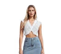 DELIMALI Womens Short Bolero Shrugs for Dresses Cap Sleeve Floral Lace Summer Sheer Button Cropped Cardigans Mesh Vest Tops (A-White, M)