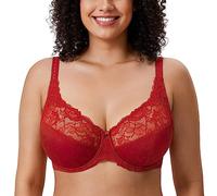 Delimira Women's Beauty Lace Non Padded Minimiser Full Figure Underwire Bra Dark Red 34J