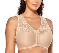 Delimira Women's Front Closure Full Coverage Wirefree Racerback Lace Plus Size Bra, 48DD, Stone Gray