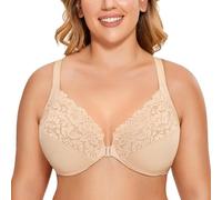 Delimira Women's Front Fastening Bra Racer Back Lace Plus Size Non Padded Underwired Beige 34D