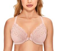Delimira Women's Front Fastening Bra Racer Back Lace Plus Size Non Padded Underwired Rose Smoked 36B