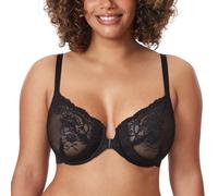 Delimira Women's Front Fastening Bras Lace Unlined Full Coverage Plus Size Sheer Plunge Underwire Bra Black 34B