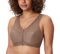 Delimira Women's Front Fastening Bras Lace Wireless Plus Size Full Coverage Racerback Support Bra Brown Purple 42C