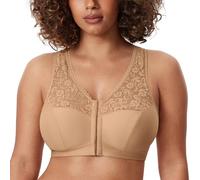 Delimira Women's Front Fastening Bras Lace Wireless Plus Size Full Coverage Racerback Support Bra Natural 38B
