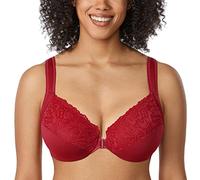 Delimira Women's Front Fastening Bras Unlined Lace Plus Size Support Underwire Dark Red 38B