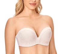 Delimira Women's Strapless Bra Padded Push Up Underwired Support Lift Plus Size Lace Bandeau Bra Rose White 36F