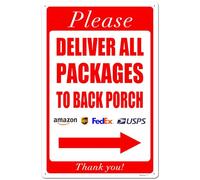 Deliver All Packages to Back Porch Right Arrow Delivery Sign for Driver - Instructions Home - Rust - Free Aluminum, Indoor/Outdoor Decor Red White 8"x12"