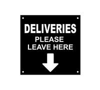 DELIVERIES Please Leave Here, With Directional Arrow Entrance Notice Sign - Waterproof Acrylic Drill Holes (Medium - 145mm x 145mm, Black)