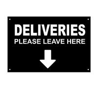 DELIVERIES Please Leave Here, With Directional Arrow Entrance Notice Sign - Waterproof Acrylic Drill Holes (Large - 290mm x195mm, Black)