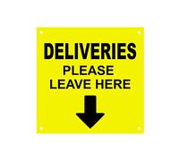 DELIVERIES Please Leave Here, With Directional Arrow Entrance Notice Sign - Waterproof Acrylic Drill Holes (Medium - 145mm x 145mm, Yellow)