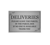 Deliveries Sign | Please Leave Parcels if No One is Available | Brushed Silver Aluminium Plaque 15 x 10 cm | Self-Adhesive Stickers