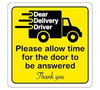 Delivery Driver Please Allow time for The Door to be Answered Sign - 100mm x 100mm - self Adhesive Vinyl Sticker. Choose Your Colour Preference and Quantity Below. (10, Black and Yellow)