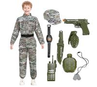 DELIVESS Kids Army Costume Long sleeve Halloween Party Military Soldier Dress up Boys Costume 11 PCS (Green, 12-14Y)