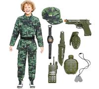 DELIVESS Kids Army Costume Long sleeve Halloween Party Military Soldier Dress up Boys Costume 11 PCS (Dark Green, 4-6Y)