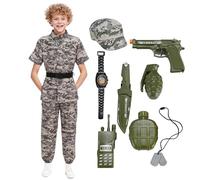 DELIVESS Kids Army Costume Short sleeve Halloween Party Military Soldier Dress up Boys Costume 11 PCS (Grey Green, 12-14Y)
