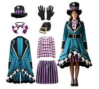 DELIVESS Mad Hatter Costume for Women 7-Piece Set - Complete Halloween Party Outfit with Hat & Gloves（Bluish Green,M