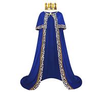 DELIVESS Mens King Costume Queen Robe King's Cape Adult Velvet Medieval Mardi Gras Halloween Party Cloak with Crown (59", Blue)