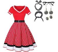 DELIVESS Vintage 1950s Women's Polka Dot Dress - Retro Rockabilly Costume for Party & Halloween 7PCS(Red,X-Large)