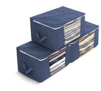 Delka 90L Storage Bags with Lids, Large Storage Boxes with lids, Storage Unit for Clothes, Duvets, Blankets, Toys, Pack of 3 Foldable Organizers with Reinforced Handles and Clear Window (Navy)