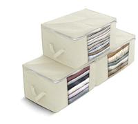 Delka 90L Storage Bags with Lids, Large Storage Boxes with lids, Storage Unit for Clothes, Duvets, Blankets, Toys, Pack of 3 Foldable Organizers with Reinforced Handles and Clear Window (Beige)