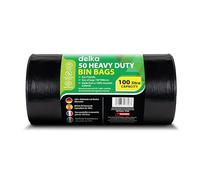 Delka Heavy Duty Black Bin Bags - Extra Strong, Leak-Proof Plastic Liners - Ideal for Kitchen, Home, DIY & Garden, Household, Office & Catering - Made from 100% Recycled Material (100L, 50 Pack)