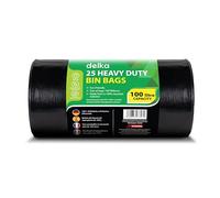 Delka Heavy Duty Black Bin Bags - Extra Strong, Leak-Proof Plastic Liners - Ideal for Kitchen, Home, DIY & Garden, Household, Office & Catering - Made from 100% Recycled Material (100L, 25 Pack)
