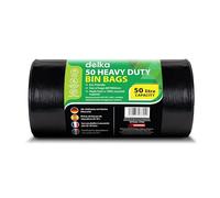 Delka Heavy Duty Black Bin Bags - Extra Strong, Leak-Proof Plastic Liners - Ideal for Kitchen, Home, DIY & Garden, Household, Office & Catering - Made from 100% Recycled Material (50L, 50 Pack)