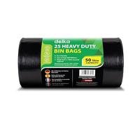 Delka Heavy Duty Black Bin Bags - Extra Strong, Leak-Proof Plastic Liners - Ideal for Kitchen, Home, DIY & Garden, Household, Office & Catering - Made from 100% Recycled Material (50L, 25 Pack)