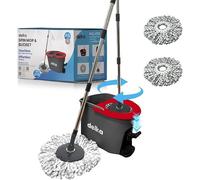 delka Spin Mop and Bucket Set - Easy Foot Pedal Water Removal, 360° Swivel Motion, Includes 2 Microfibre Mop Heads, All-Surface Cleaning, Splash Guard for Clean Mopping (Spin Mop Black and Red)