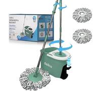 delka Spin Mop and Bucket Set - Easy Foot Pedal Water Removal, 360° Swivel Motion, Includes 2 Microfibre Mop Heads, All-Surface Cleaning, Splash Guard for Clean Mopping (Spin Mop Green and white)
