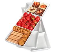 DELLING 16" x 5" Ceramic 3-Section Stackable Serving Tray, Serving Platter Set of 3, 3 Compartment Appetizer Serving Tray, White Divided Serving Dishes, Snack, Food, Dessert Platters
