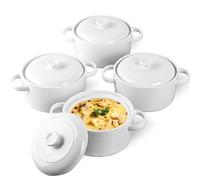 DELLING 28 Oz Soup Bowls with Handles and Lids, Large French Onion Soup Bowls, Ceramic Soup Crocks for French Onion, Oven Safe Bowls for Chili, Beef Stew, Cereal, Pot Pies, Bowls Set of 4, White