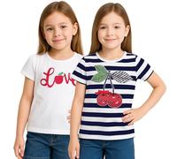 DELLMOOR 2 Pack Angel Summer T-Shirts Crafted Designer Crew Neck Cotton Twin Pack top Cute Baby Girl Short Sleeve Love Cherry tee for Kids, Age 4 Years