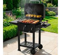 Dellonda Outdoor Portable Charcoal BBQ Grill & Smoker with Trolley, Built-In Thermometer, Warming Rack, 2 Side Shelves & Wheels for Home Garden Cooking, Black - DG283