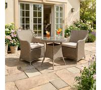Dellonda Chester 3 Piece Rattan Wicker Outdoor Dining Set with Tempered Glass Table Top, Brown - DG86