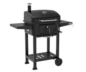 Dellonda Outdoor Portable Charcoal BBQ Grill & Smoker with Trolley, Built-In Thermometer, Warming Rack, 2 Side Shelves & Wheels for Home Garden Cooking, Black - DG283